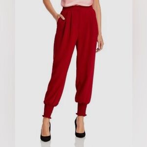 Cinq à Sept Drew Smocked Ankle Cuff Trouser Pant 4 Red Crepe Balloon Leg Sporty